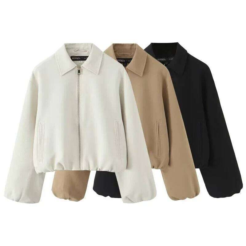 Autumn Winter Women Short Jacket Coat Zipper Pocket Outerwear Female Lady Streetwear Khaki Black Tops