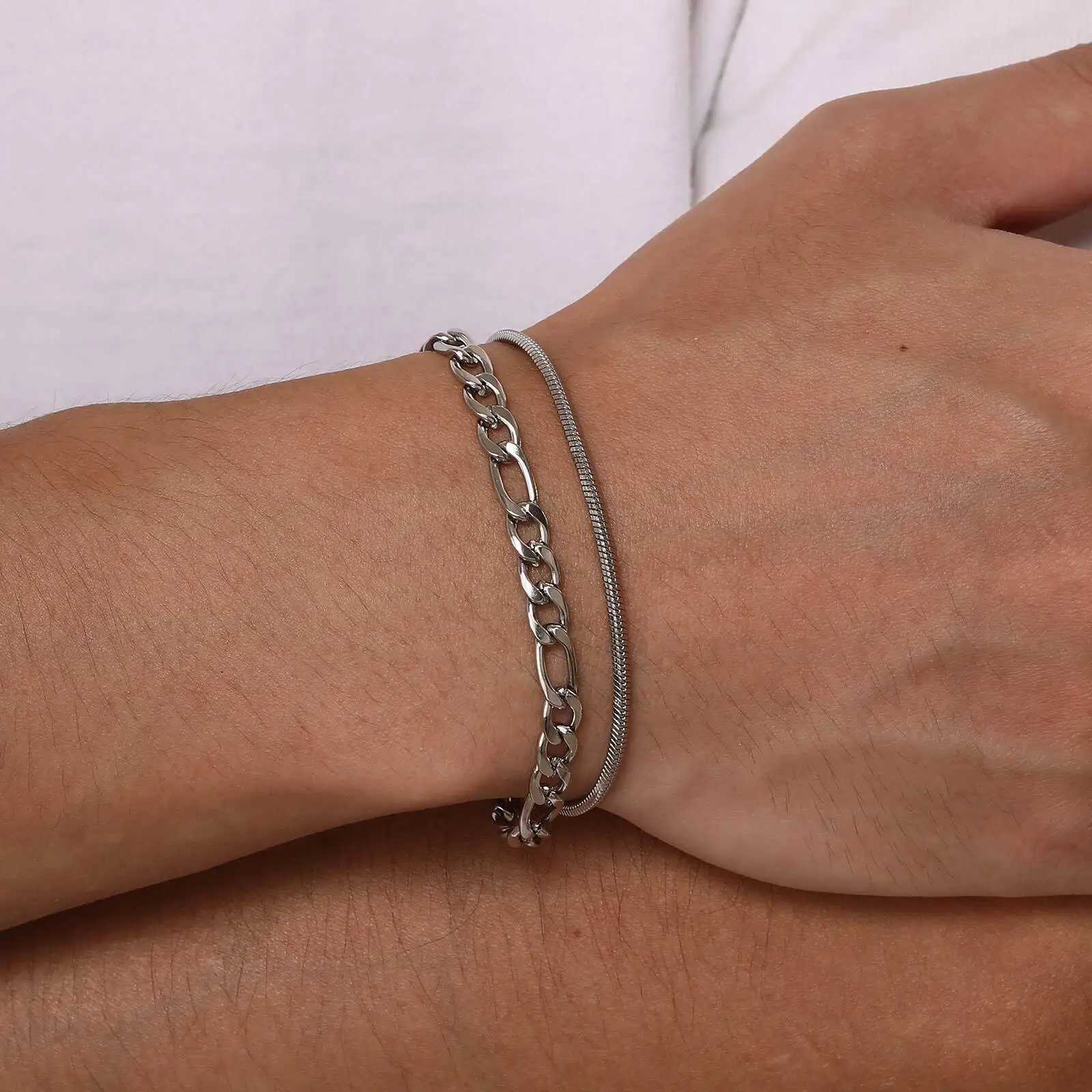 2pcs Stainless Steel Bracelets for MenSilver Color Figaro Chain Links WristbandCasual Jewelry GiftXJ251105