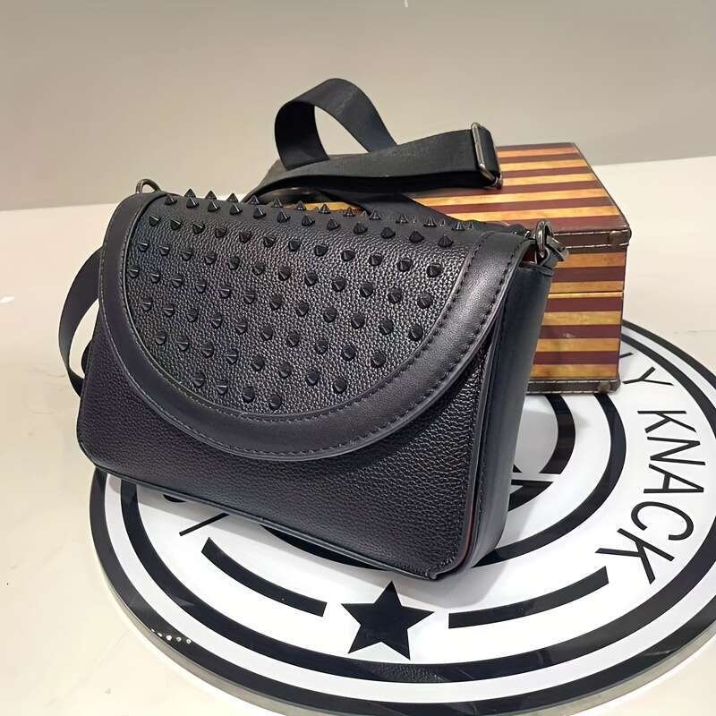 Edgy Geometric Studded Premium Second Layer Leather Adjustable Shoulder Bag Men Women, Sleek Black Unisex Messenger Purse For Everyday Use, Shopping
