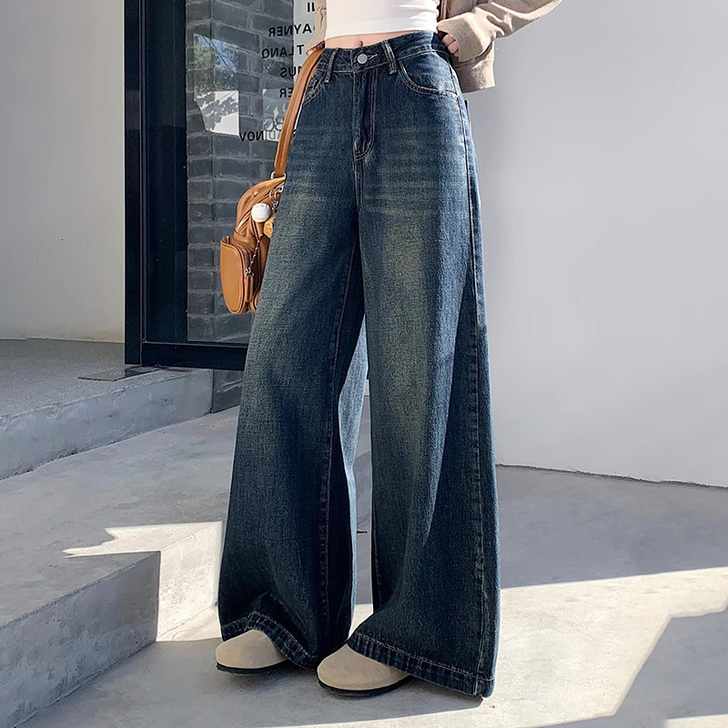 Womens loose retro casual denim Trouser streetwear womens high waisted straight jeans 250403