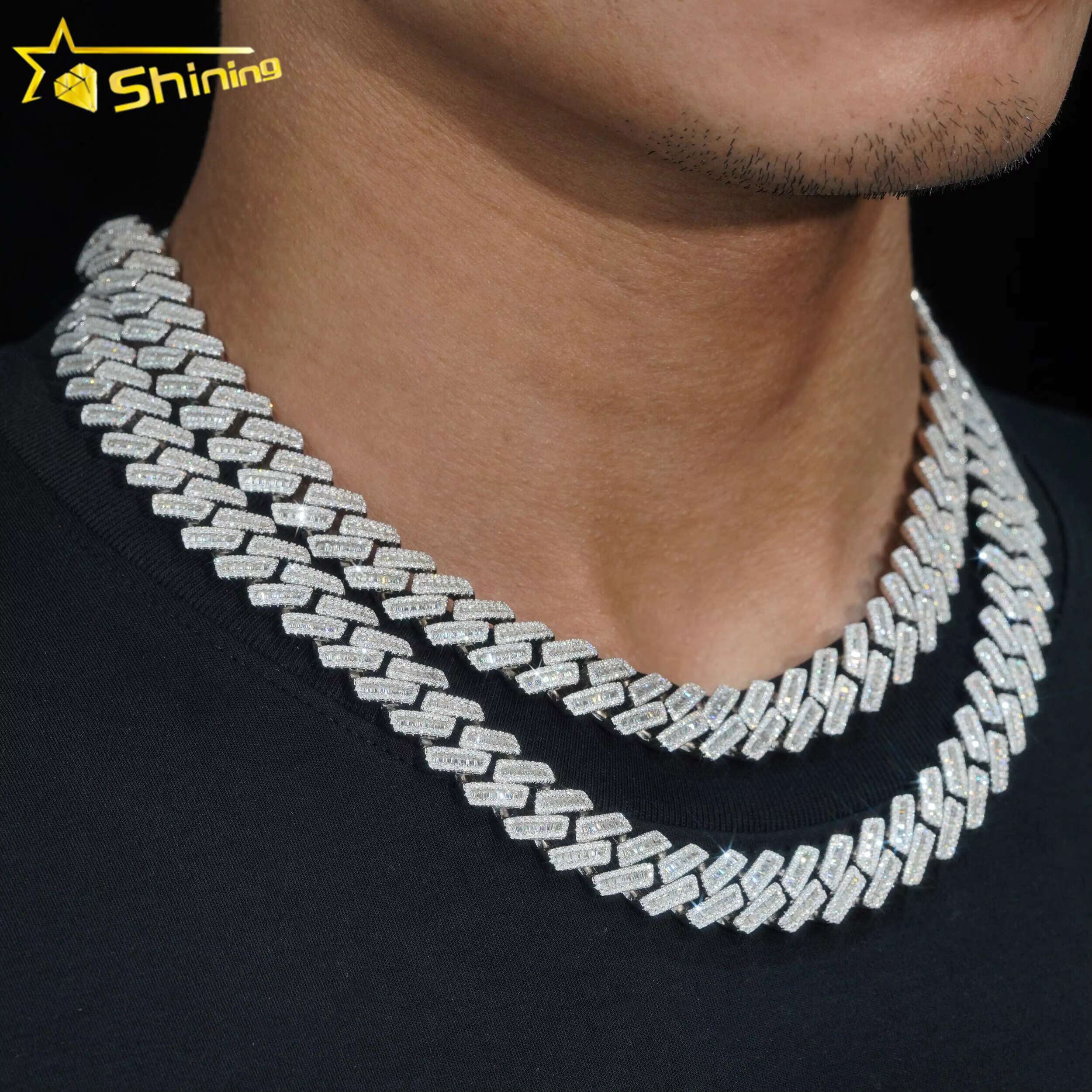 Shinning VVS Diamond Hip Hop Jewelry 925 Silver Gold Plated Baguette 13mm Iced Out Moissanite Cuban Link Chain