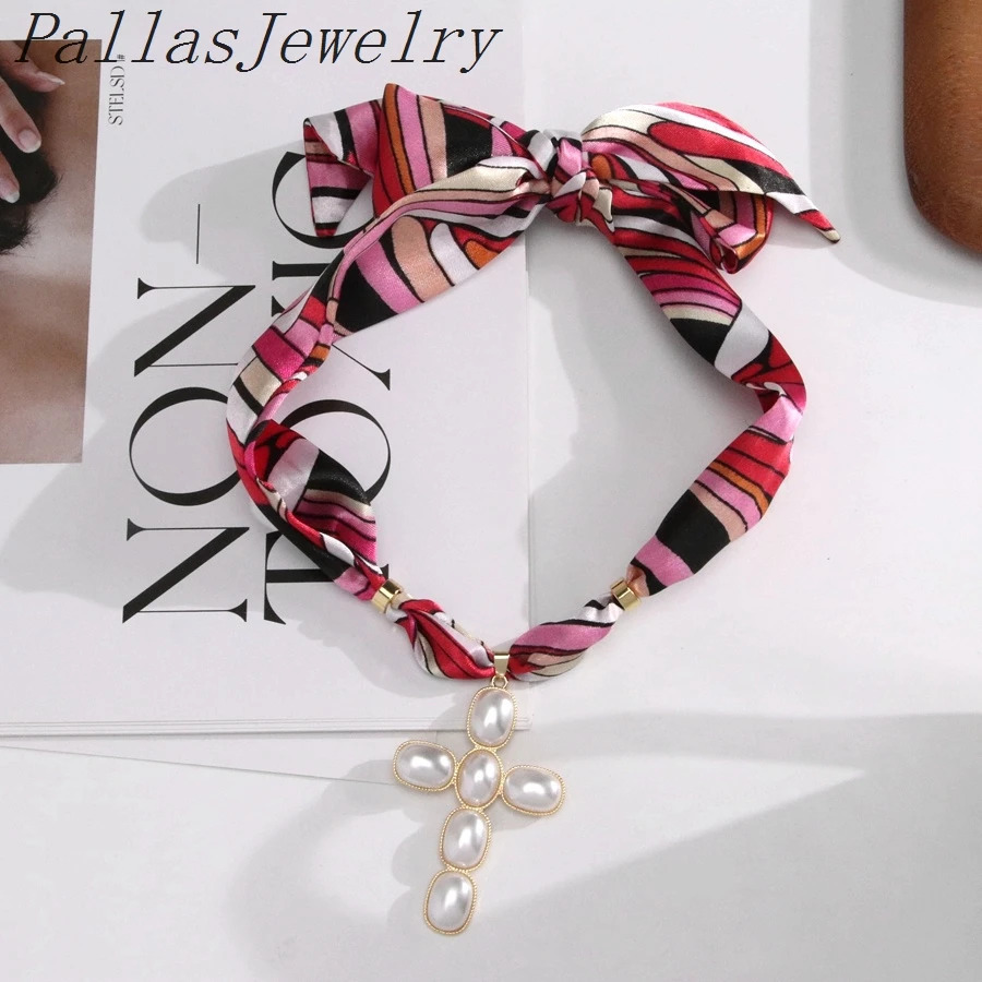 5Pcs Exquisite Silk Scarf Necklace With 18k Goldplated Pearl Cross Pendant Women Jewelry Holiday Party Festival Gift 251031