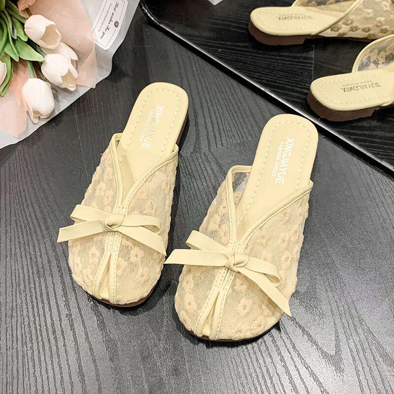 Baotou Summer 2025 New Internet Celebrity Bow Versatile Soft Bottom Half Slippers for Women Wearing Outside
