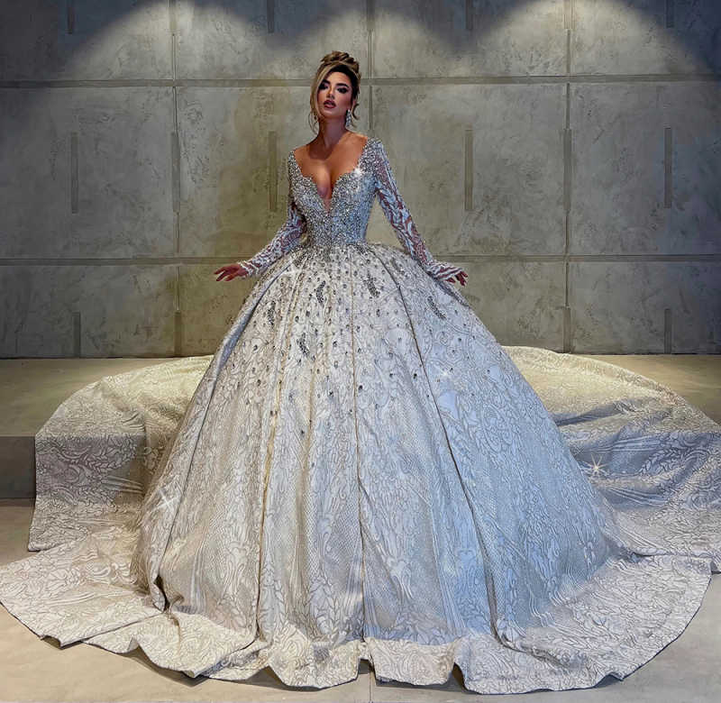 Luxury Wedding Dresses V Neck Long Sleeve Shiny Beaded Rhinestone Ball Gown Formal Occasion Dresses Customized Vestidos De Novia