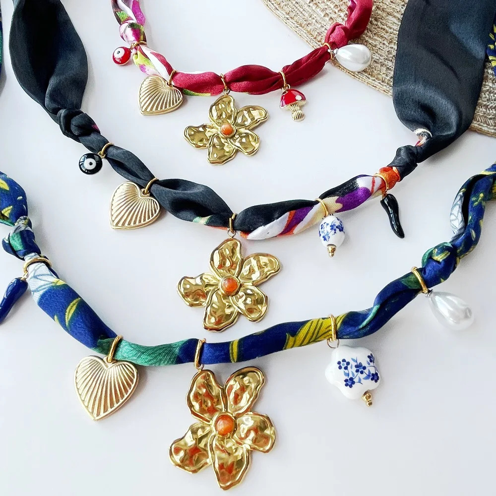 Soft Bandana Necklace with Gold Plated Heart Flower Sun Pendant for Women Girls Stackable Jewelry 251031