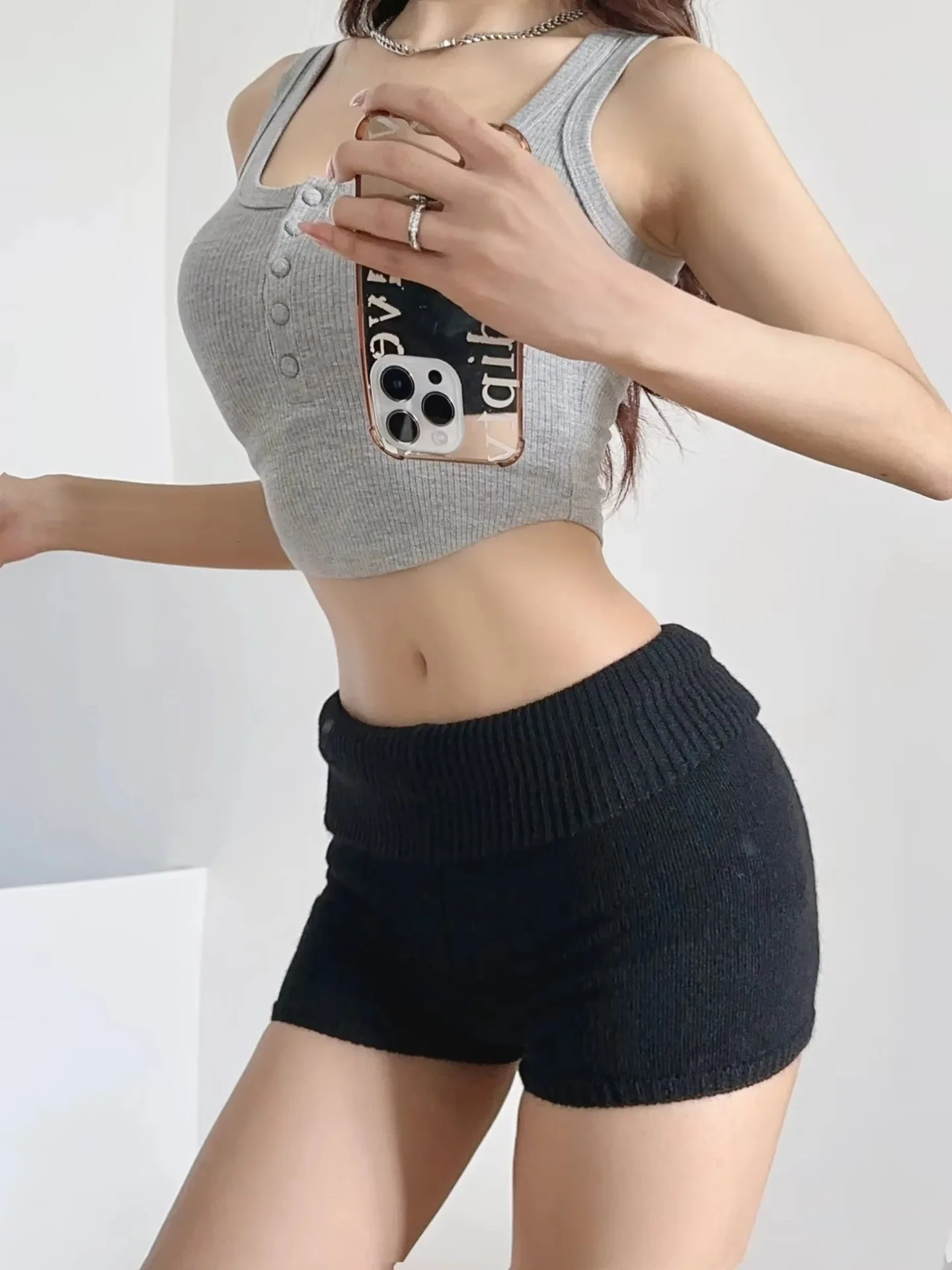 Sexy Womens Low Waist Knitted Shorts with Wrap Button Double Fold Tight Fit Ultra Thin Solid O3WG 250401
