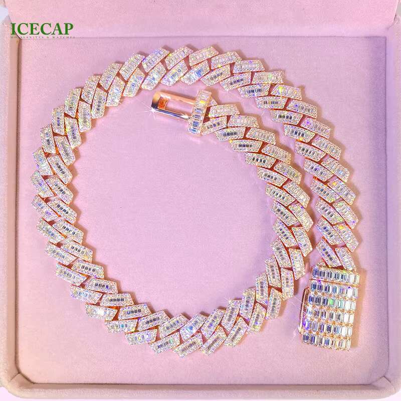 Heavy Solid 925 Silver Rose Gold Trapezoid Cuban Chain Necklace Moissanite Diamond Bracelet for Rapper HipHop Cuban Link Chain
