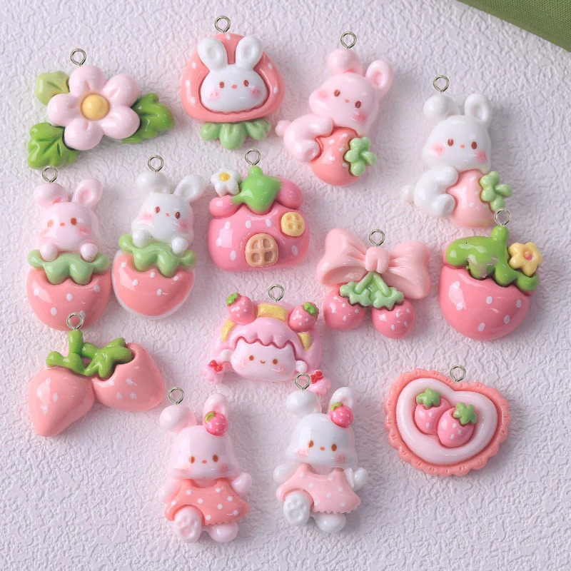 10 Kawaii Rabbit Strawberry House Resin Charm Cute Cartoon Animal Earrings Keychain DIY Jewelry Pendant 250325