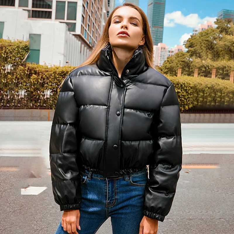 Winter Warm Thick PU Leather Coats Women Short Parkas Fashion Black Cotton Padded Lady Down Jacket Elegant Zipper Clothes 2023T251105