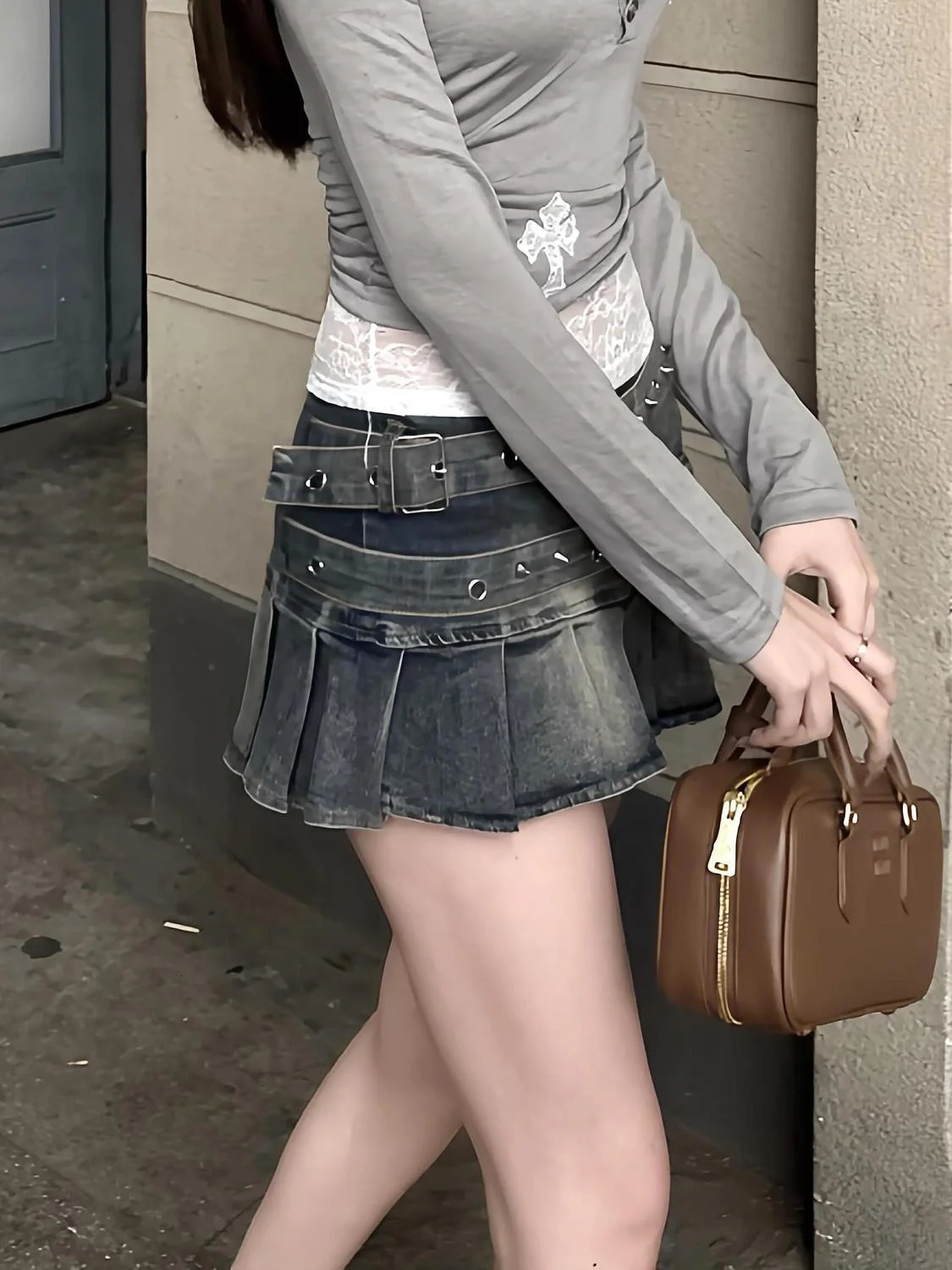 American millennial large-sized washed heavy-duty double belt denim pleated leather womens fashion 250402