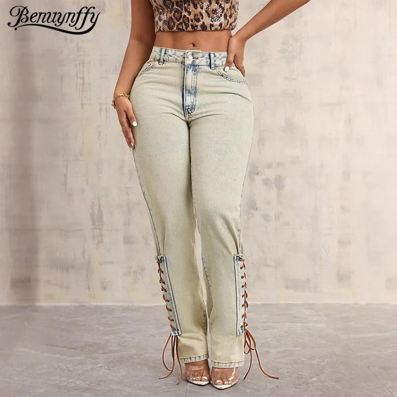 Benuynfy American retro washed lace jeans womens fashion Y2K streetwear mid waist straight denim Trouser 2000s clothing 250403