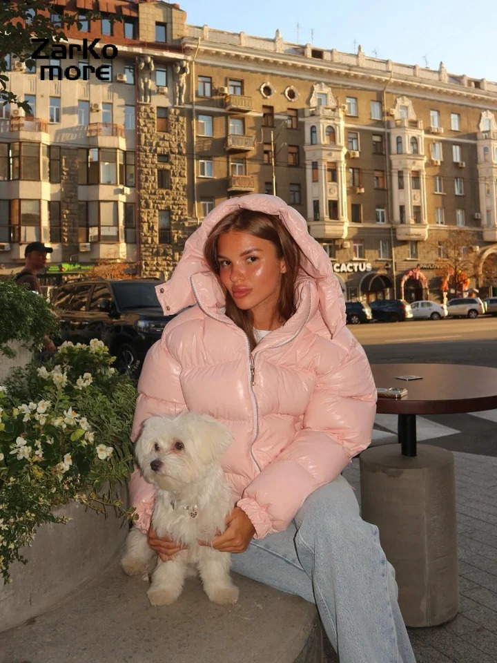 Fashion Shiny Solid Hooded Quilted Jacket Women Stand Collar Long Sleeve Zipper Warm Coat 2025 Autumn Winter Lady Street Outwear 251103