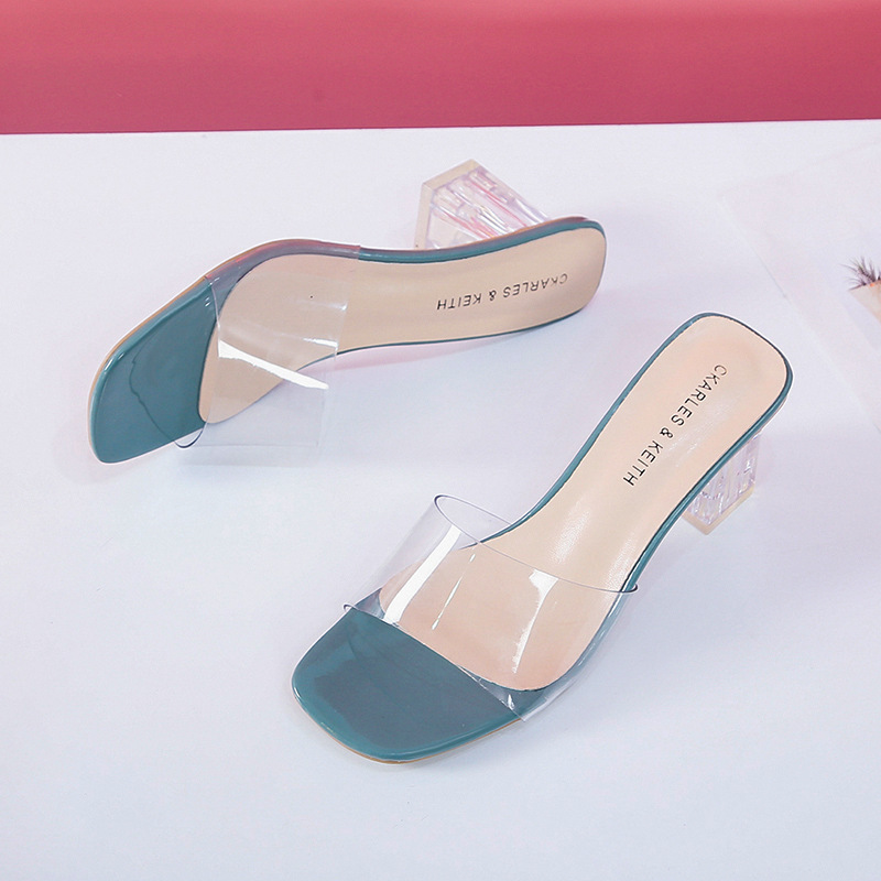 Women's summer new fashion casual slippers high heels crystal heel chunky line with transparent breathable flip-flops