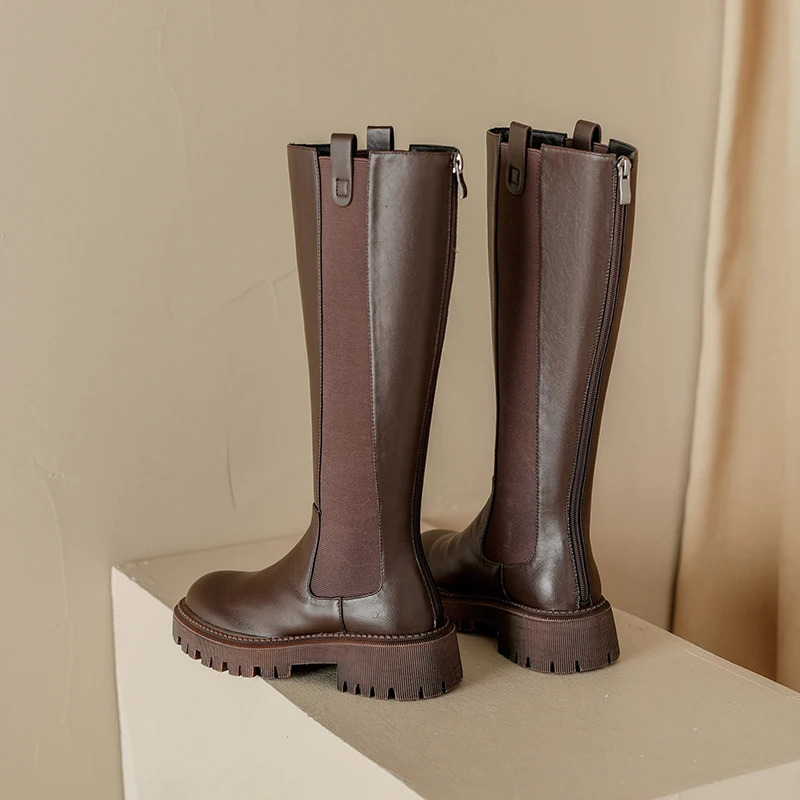 Autumn Winter Womens High Boots Chelsea Boots Cow Leather Round Toe Heel Women Boots KneeHigh Women Shoes Zipper 251031