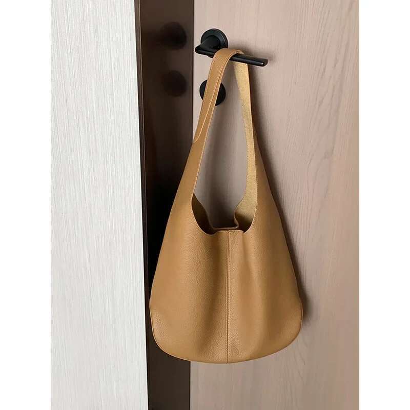 Classic Stylish Simple Large Long-Handle Bucket Tote Natural Cow Leather Women Handbag Soft Office Commuter Shoulder Bag