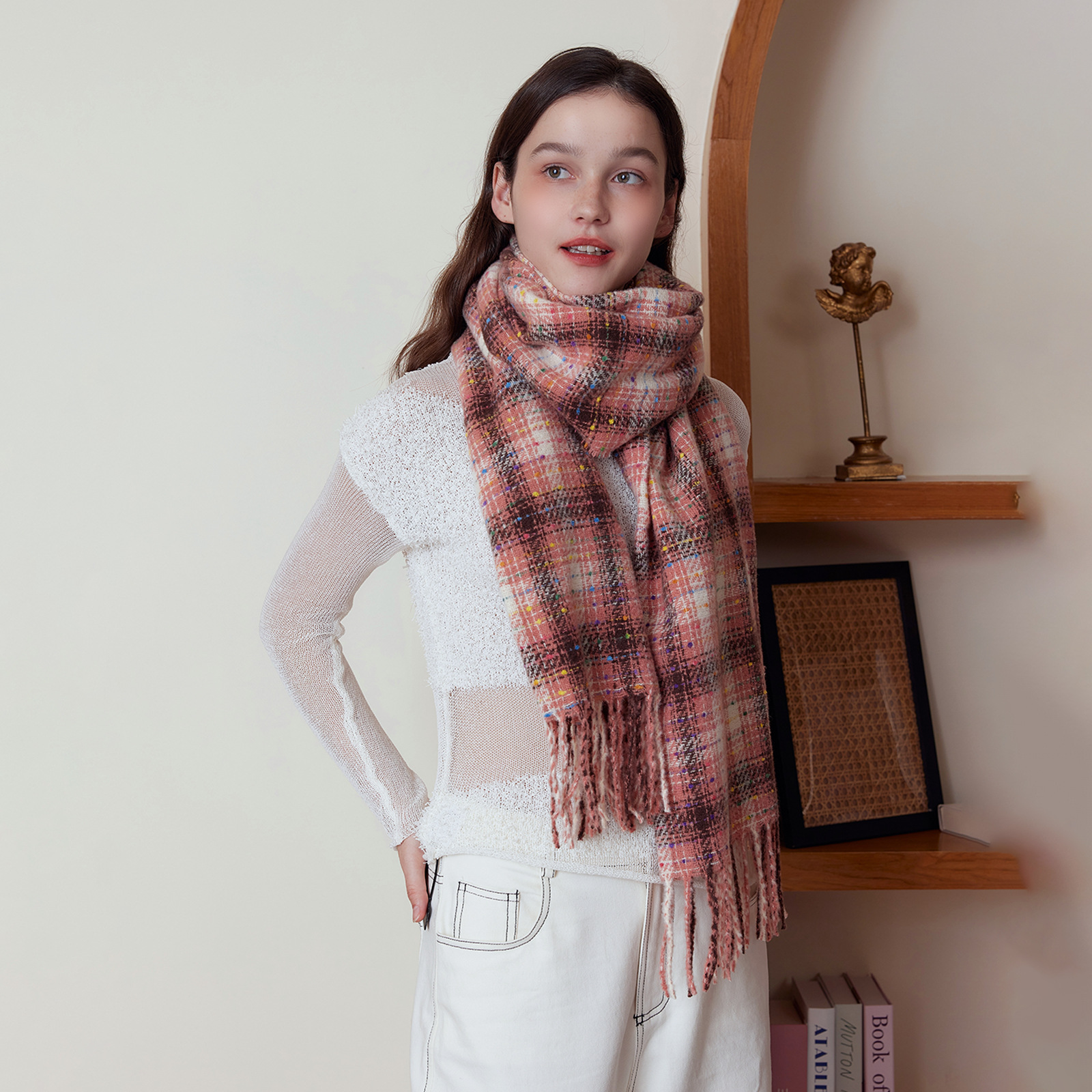 K314 Galaxy Colored Sugar Beans Korean Retro Cashmere Plaid Scarf Women Winter Whitening Soft Glutinous Warm Couple Neck Scarf