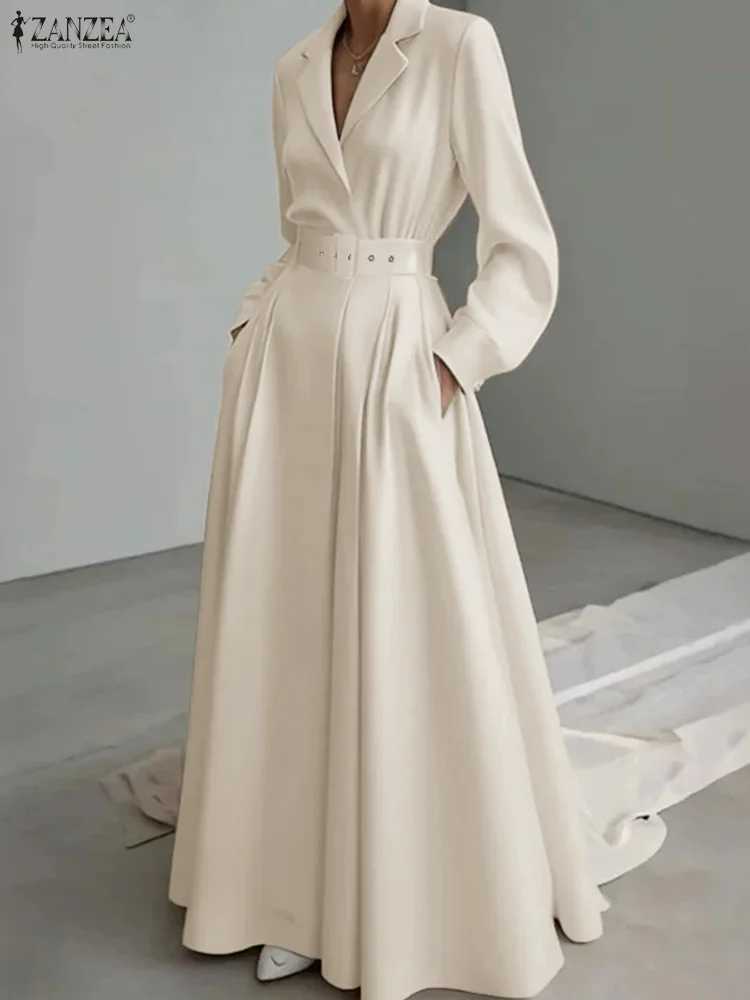 Women Autumn OL Work Dress ZANZEA 2025 Elegant Lapel Long Sleeve Office Dresses Solid Belted Robe Stylish A Line Party Vestidos J251105