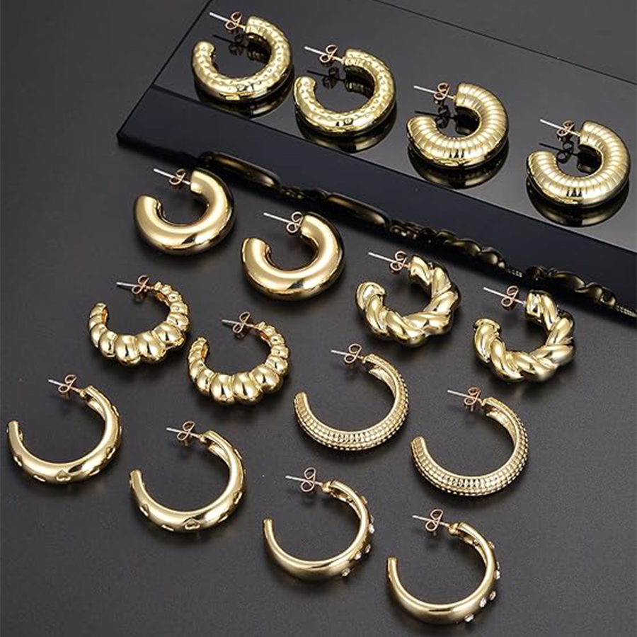 8 Pairs Chunky Hoop Earrings Sets for Women Lightweight Twist CZ Open Huggie Hoops Minimalist Thick Cartilage Hollow Earring Piercing Jewelry Gift Gol