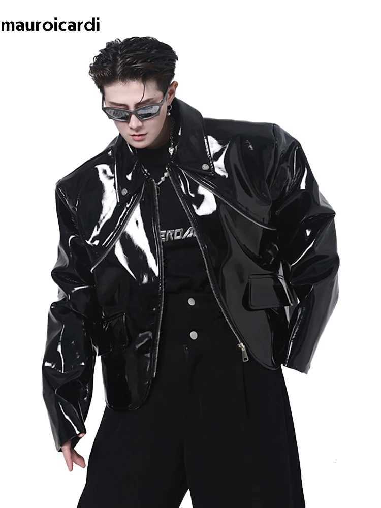 Mauroicardi Spring Autumn Cool Loose Short Black Shiny Reflective Patent Faux Leather Jacket Men Zipper Luxury Designer Clothes C251105