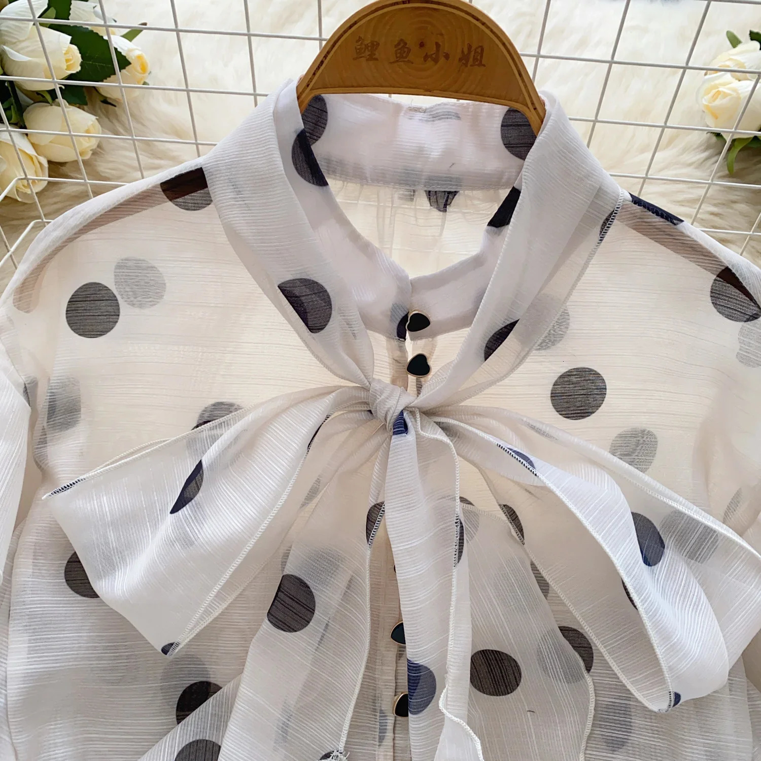 Womens bow lace retro lantern long sleeved ultra-thin fashion polka dot mesh chiffon shirt sweetheart spring outfit 250402