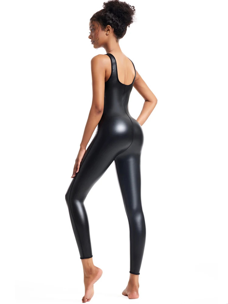 Sexy lingerie womens onepiece sleeveless Teddies stretch jumpsuit Bodystocking Rave Party Clubwear synthetic leather bodysuit 250324
