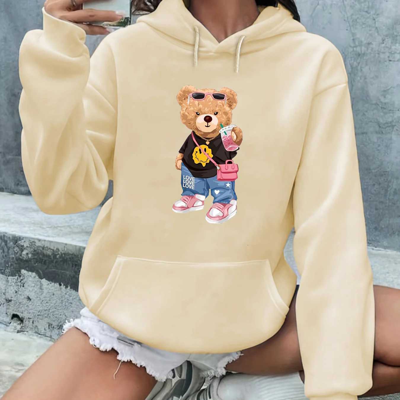 Womens autumn and winter fashion casual loose cartoon bear print round neck long sleeved drawstring hooded pulloverT251105