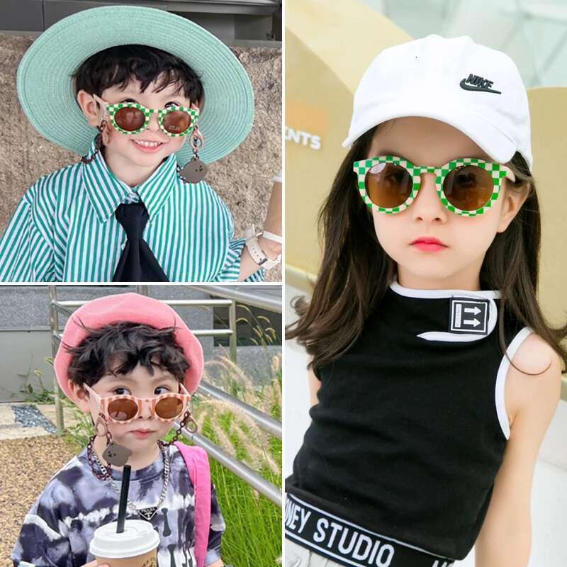 2023 New Kids Cute Checker Panel Color Round UV400 Baby Girls Outdoor Protection Sunglasses Children Sun Glasses