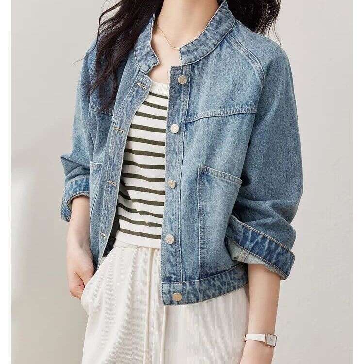 Vintage Washed Denim Short Jacket For Women, Autumn And Winter New Stand Collar Petite Long Sleeve Top B5