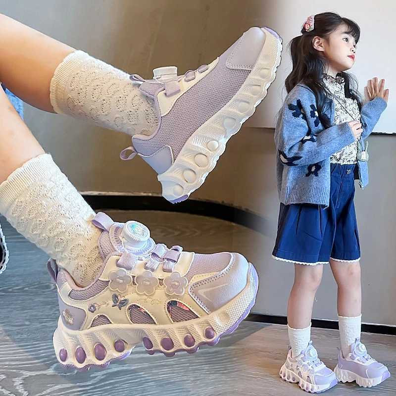 Girls Sneakers 3-18 Years Old Four Seasons Flowers Girls Single Shoes Light Purple Lightweight Non-slip Childrens Running ShoesT251105