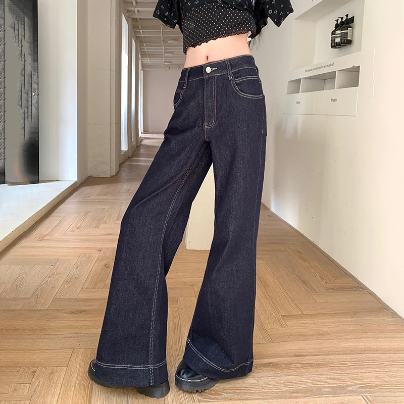 Womens Retro Casual Loose Straight Denim Trousers High Waist Wide Leg Fashion Shining Jeans 250403