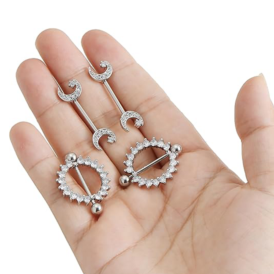 9 Pairs 14G Stainless Steel Nipple Rings Tongue Ring Straight Nipple Barbells Cute Butterfly Rose Opal Moon Heart CZ Body Piercing Jewelry for Women W