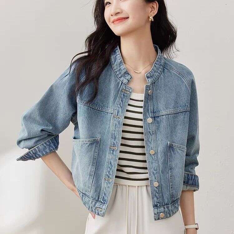 Vintage Washed Denim Short Jacket For Women, Autumn And Winter New Stand Collar Petite Long Sleeve Top B5
