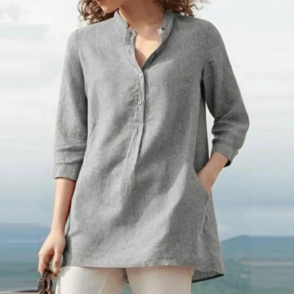 Elegant Cotton Linen Shirts Women Casual Solid Button Lapel Blouses Shirts Autumn Winter 3/4 Sleeve Loose Tops Tunic Blusas 250402