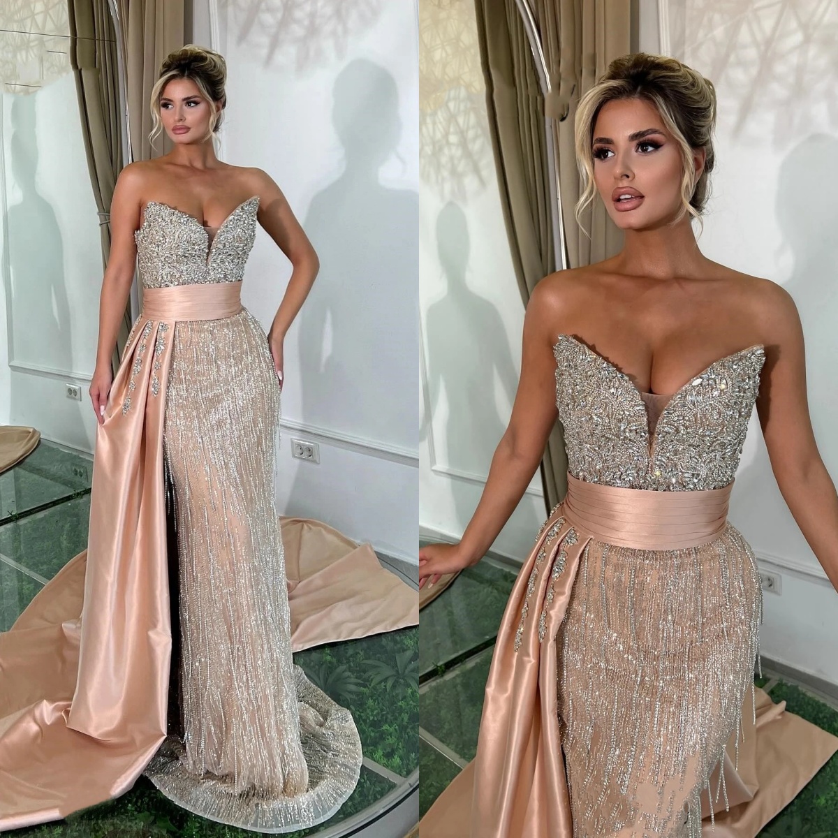 Fashion Evening Dresses For Women Sweetheart Neck Sleeveless Gown Crystal Sequins Detachable Train Dress Party Custom Made