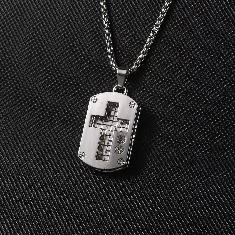Square Hollow Love Heart Inlaid Rhinestone Necklace for Men Trendy Hip-hop Stainless Steel Necklace Cross Moissanite Necklace