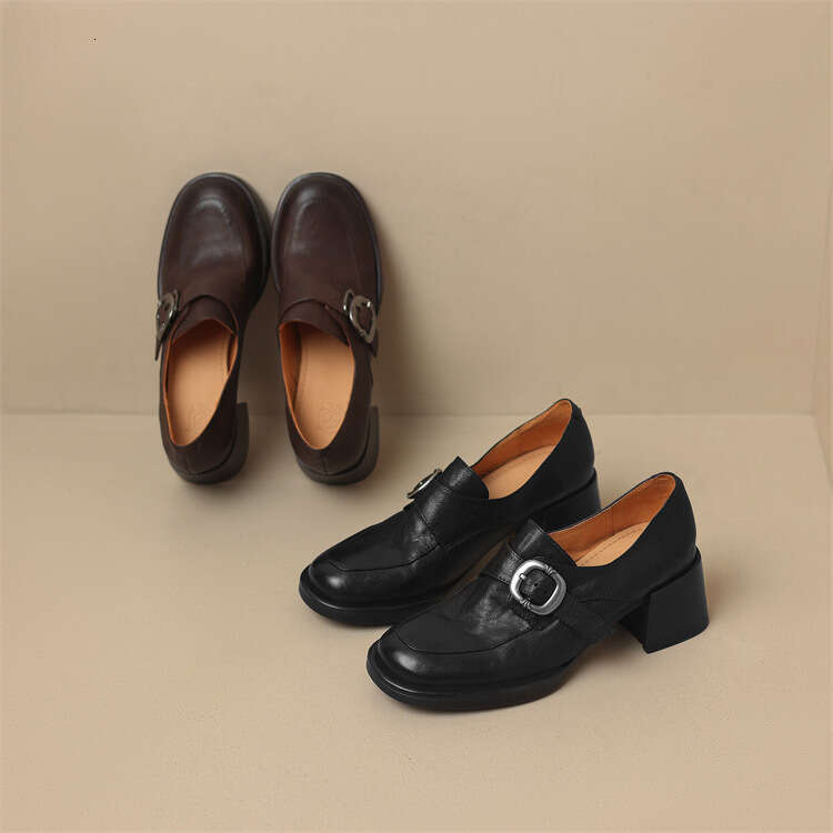 British Style Metal Belt Buckle Small for Women Thick Designer Shoe Round Toe Platform High Heel Loafers Soft Leather Single Shoes