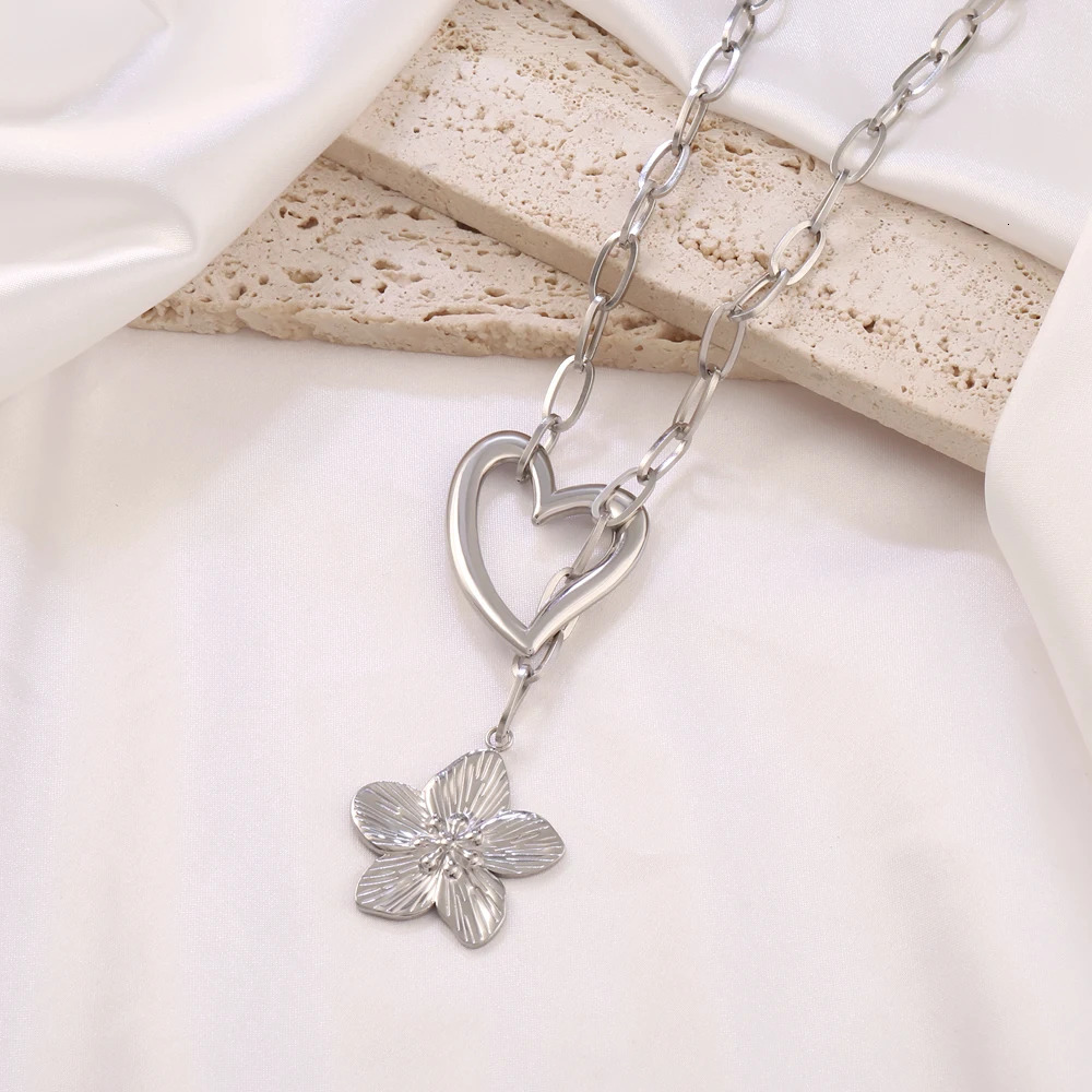 316L Stainless Steel Flower Pendant Long Chain Necklace For Women Punk Heart Charms Chain Necklaces Jewelry 251031