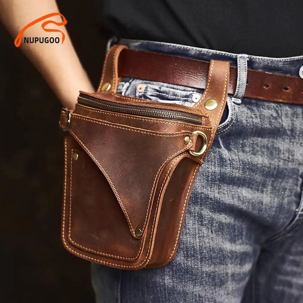 NUPUGOO Genuine Leather Mens Waist Bag Casual Belt Pouch Phone Bag Crazy Horse Leather Fanny Pack Vintage Motorcycle Bag251023