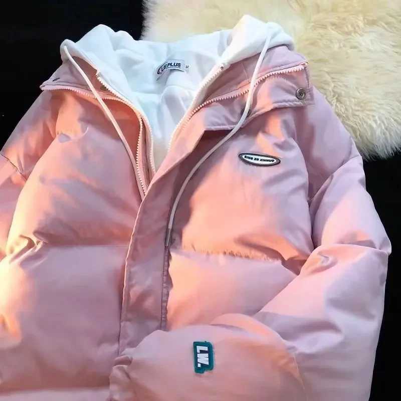 Autumn And Winter Women s Cotton Padded Jacket Windproof Warm Pink Color Matching Casual Loose Collar Zipper Hat Coat MatchingT251105
