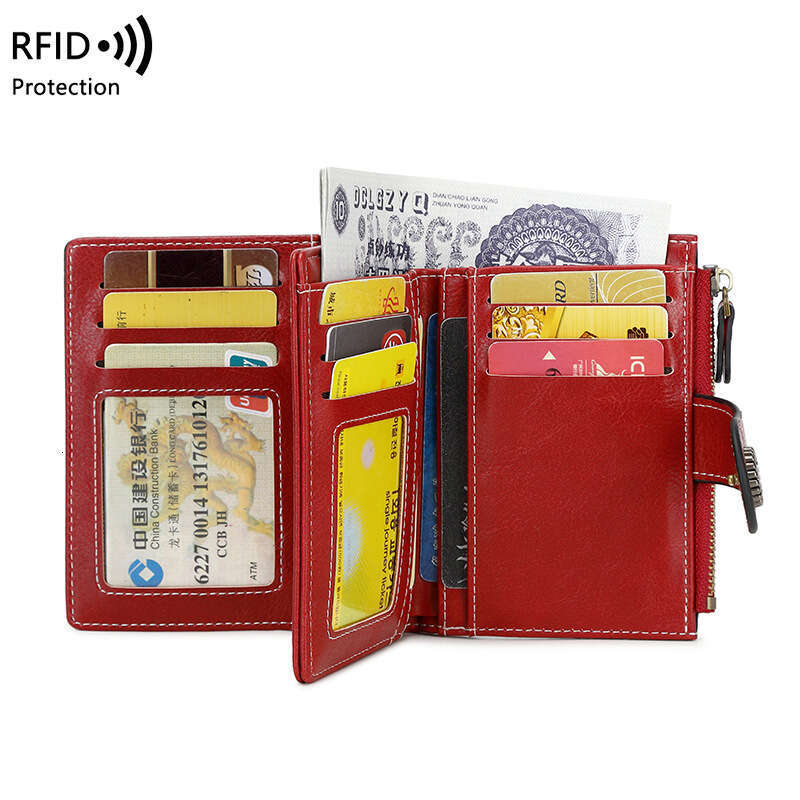 Cross-Border New RFID Anti-Theft Women's Multi-Card Slot Buckle Leather European and American Fashion Short Zipper Wallet
