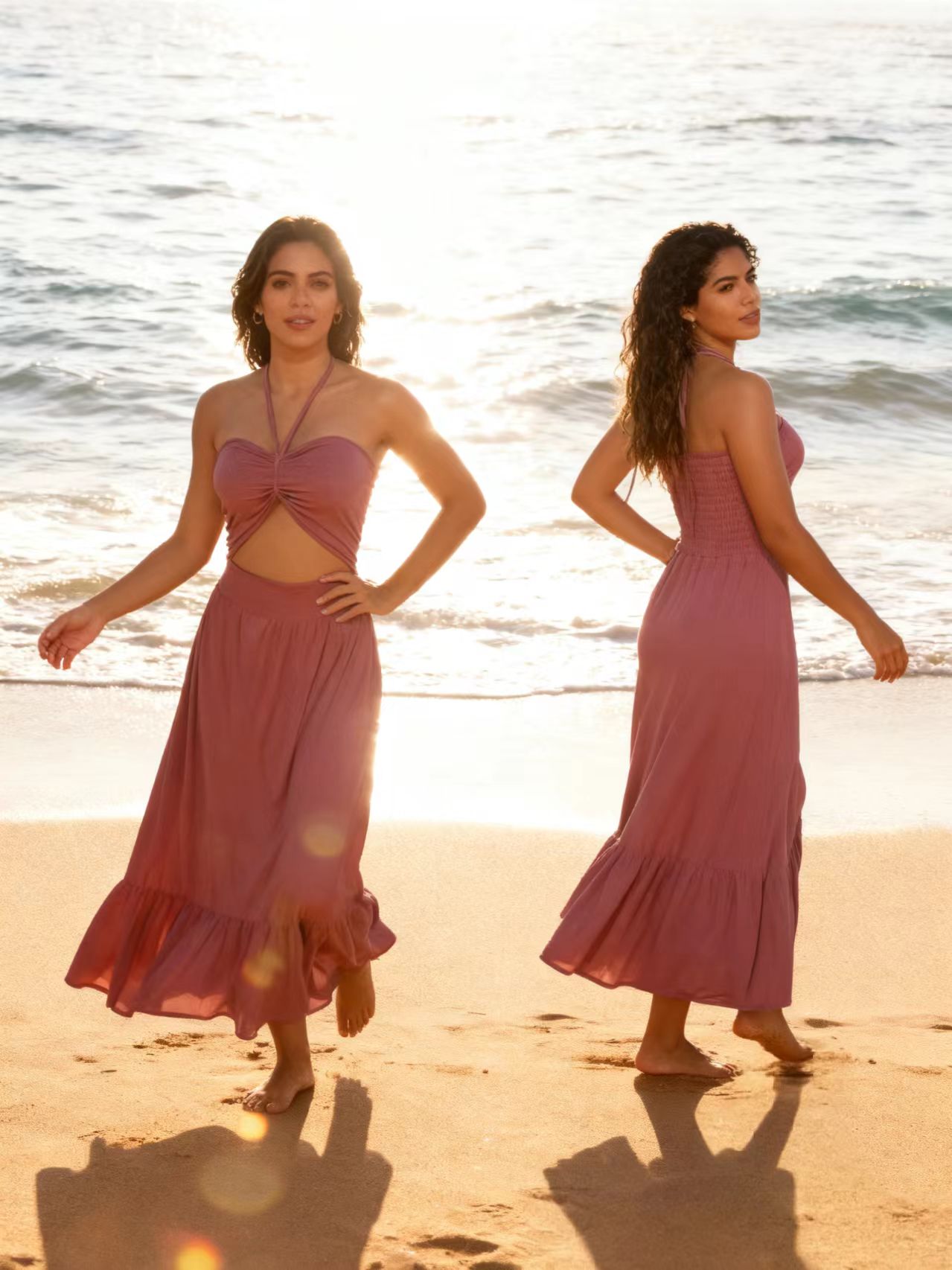 New Solid-Color European-Style South American Beach Resort Elegant Halter Neck Dress