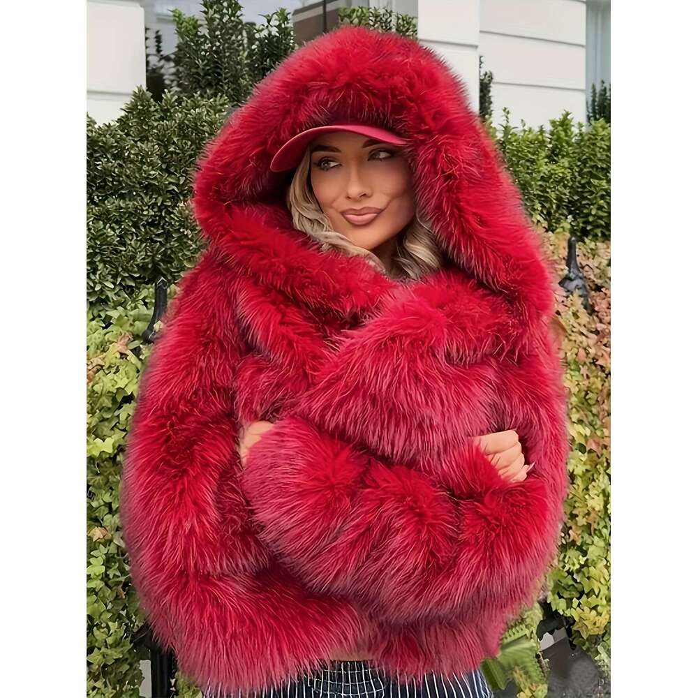 Women's Elegant Red Faux Fur Hooded - Long Sleeve, Button-Up Front, Lined, Perfect For Fall/Winter, Casual Style, Outerwear Fluffy Lined | Button