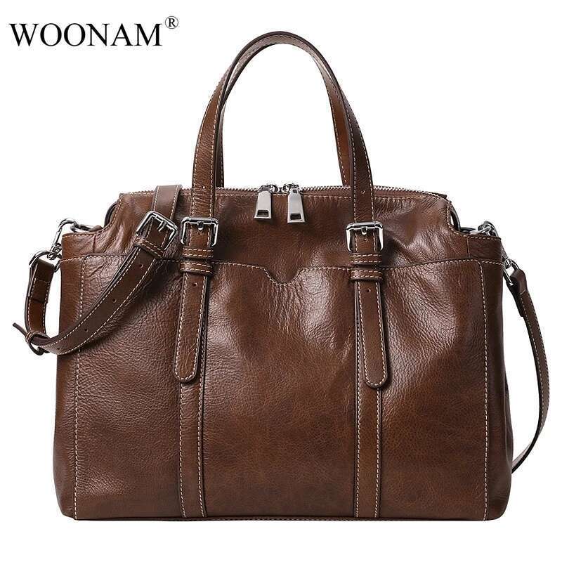 WOONAM Grain Genuine Calf Leather Bag Office Lady Large Boston Top Handle Shoulder Handbag WB695