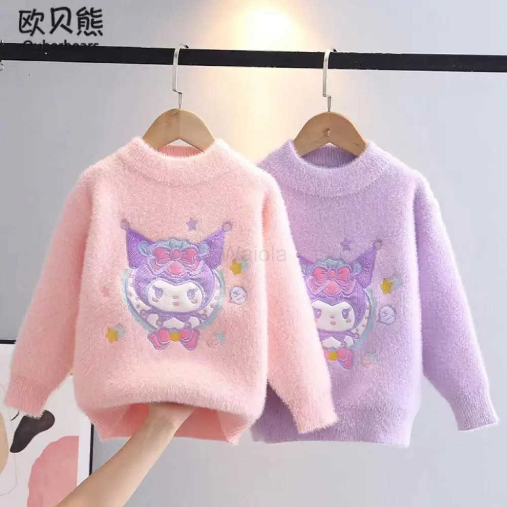 Sanrio Kuromi Girls Crew Neck Sweater Autumn Winter Thicken Knitted Sweater Kawaii Child Plush Pullover Cute Fashion Jacket Gift H251105