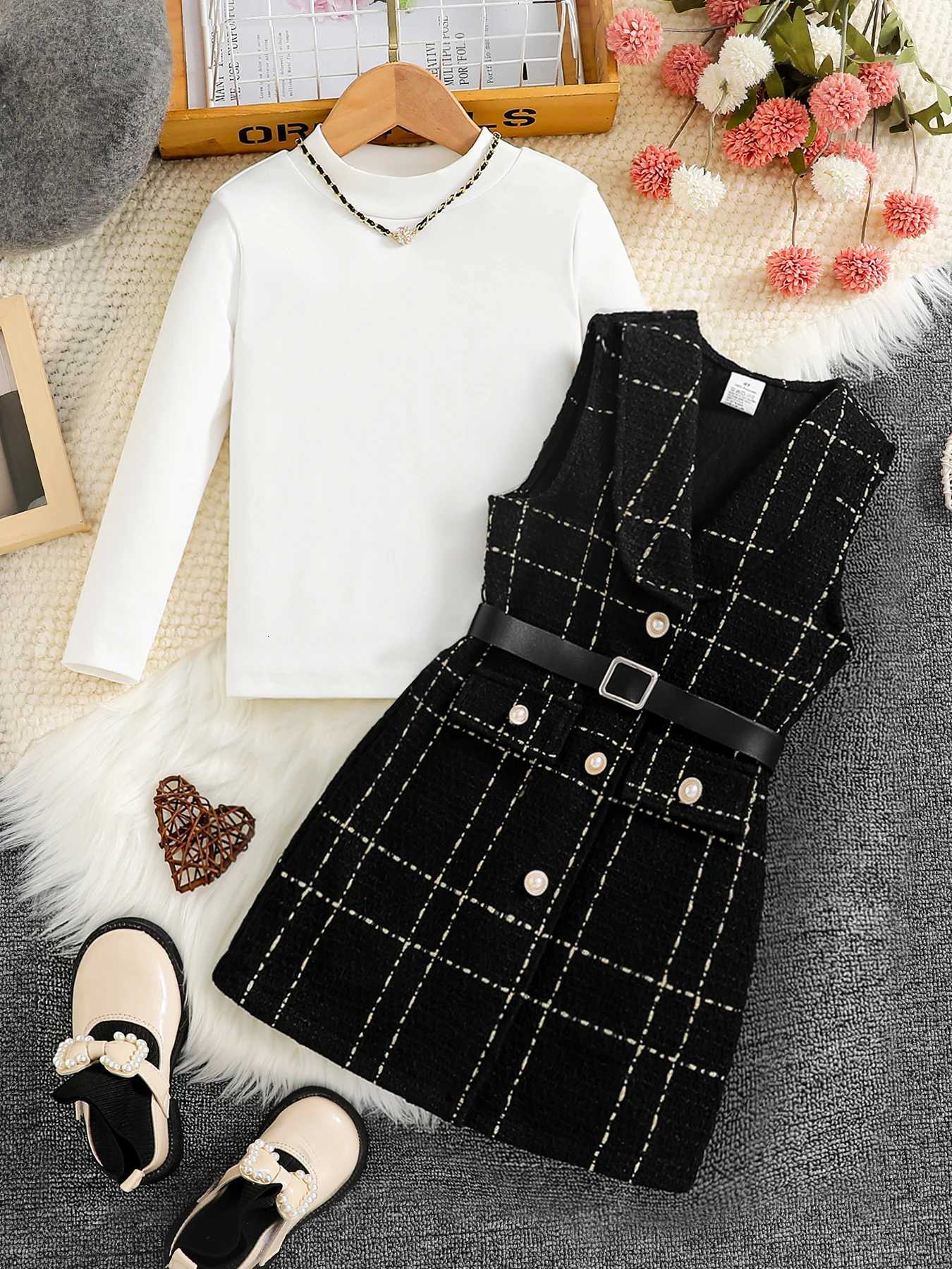 Spring and autumn Fashion Kids 2-piece ceremonial dress for cute girls Solid color crew neck shirt plaid lapel skirt suit Y251105