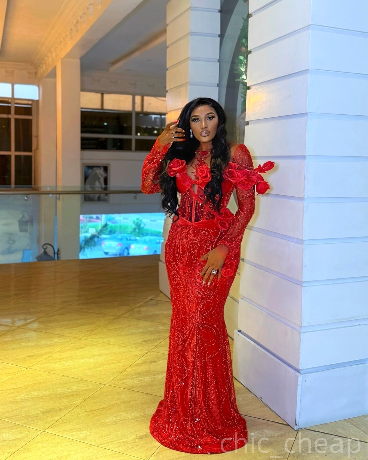 Red Mermaid Prom Dresses 2026 Flowers Sheer Neck Long Sleeves Sequined Evening Formal Party Second Birthday Engagement Gowns Plus Size Dress For Speci