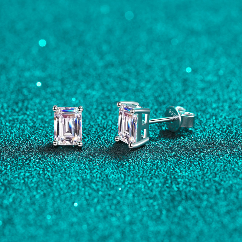TaiYang GRA 0.5ct to 2ct Emerald Cut Moissanite Earrings Luxurious S925 Silver Beveled Rectangle Moissanite Studs Earrings for Women Men Wedding Engag