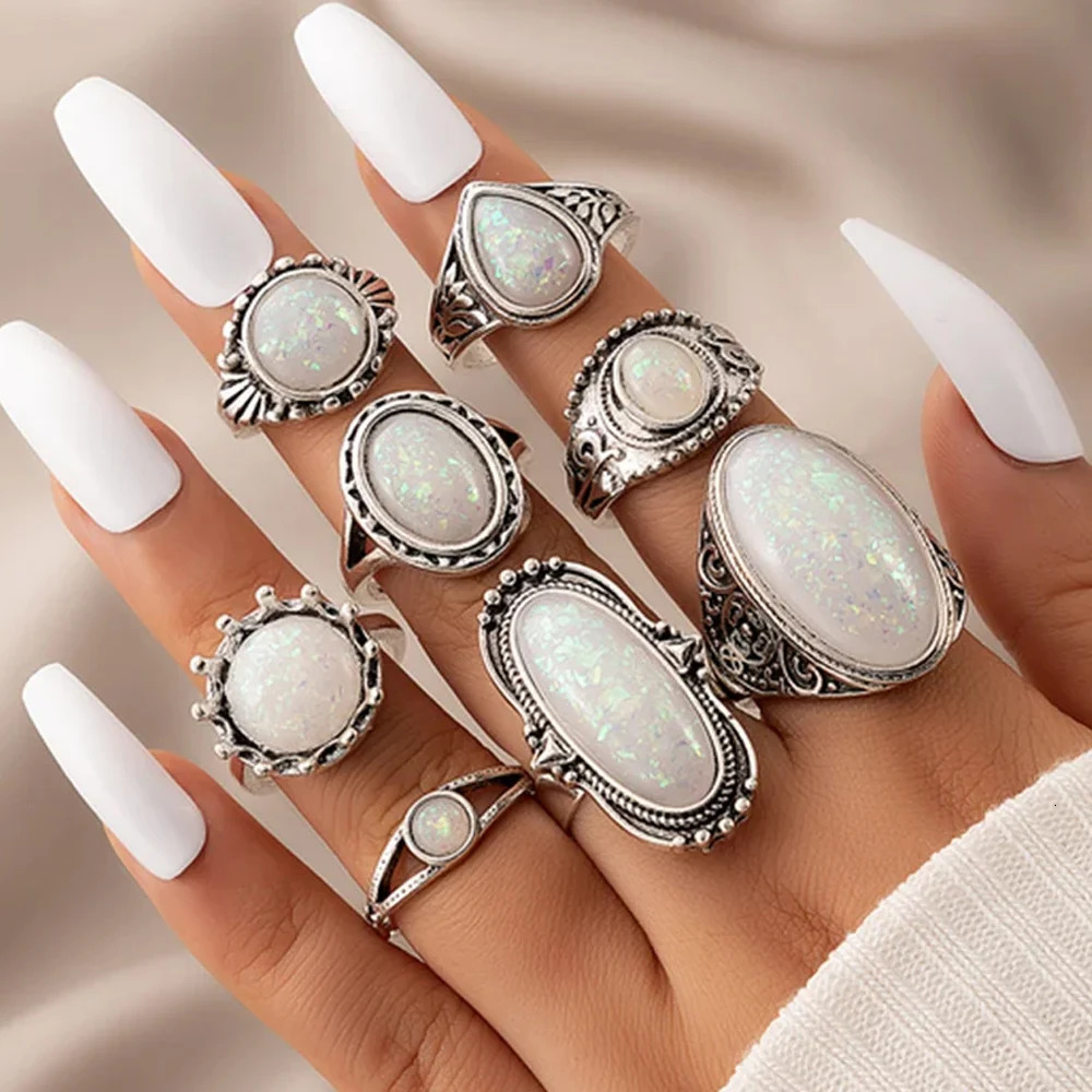 Vintage Rings Silver Color Carved Stone Bohemian Jewels For wmen and men ring set 251031