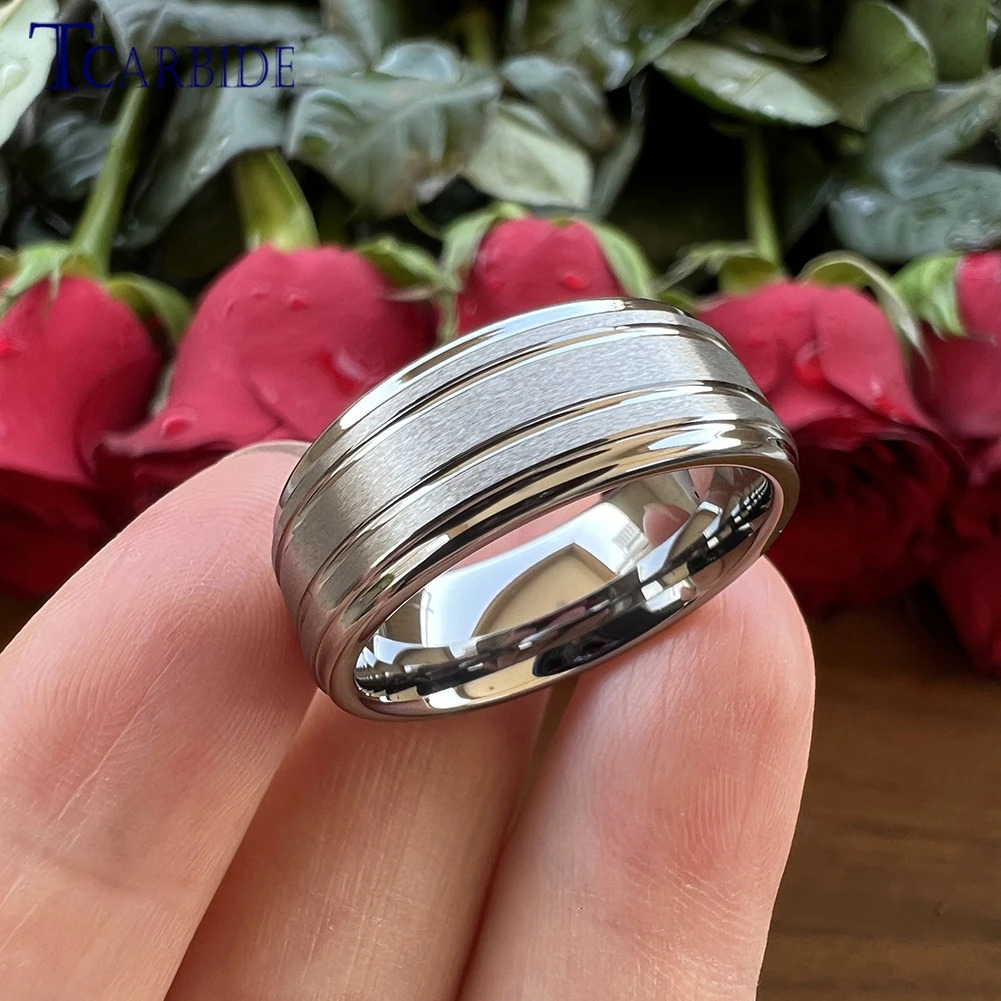 Drop 8mm Men Women Tungsten Satin Ring Fashion Wedding Band with Grooved Stepped Finish 4 Colors Available Comfort Fit 251031