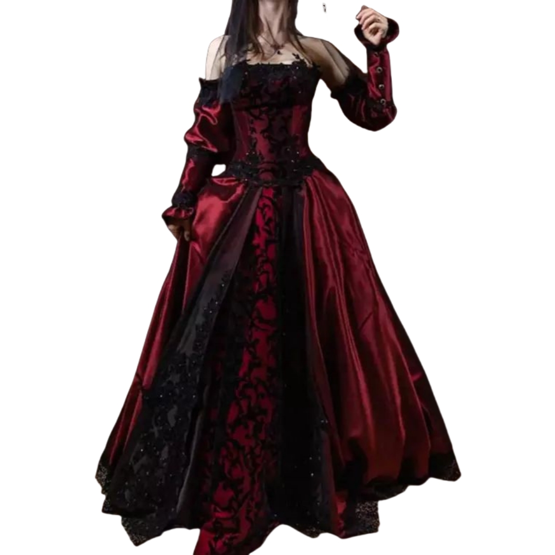 Gothic Black And Dark Red Wedding Dresses Strapless Corset A-Line Long Vintage Bridal Gown Removable Sleeves Medieval Steampunk Halloween Costume